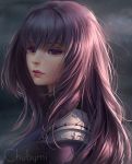  1girl armor artist_name bangs chuby_mi closed_mouth day expressionless eyelashes face fate/grand_order fate_(series) half-closed_eyes lips long_hair looking_away looking_to_the_side nose pauldrons purple_hair red_eyes scathach_(fate/grand_order) shoulder_armor shoulder_pads solo sunlight 