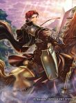  1boy armor back boots cape company_name fire_emblem fire_emblem:_seima_no_kouseki fire_emblem_cipher gloves horse male_focus official_art red_eyes redhead seth_(fire_emblem) sky solo sparkle sword tree weapon 