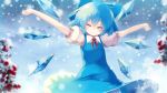  1girl blue_bow blue_dress blue_hair bow cirno closed_eyes commentary_request dress gengetsu_chihiro hair_bow highres ice ice_wings outstretched_arms puffy_short_sleeves puffy_sleeves red_neckwear red_ribbon ribbon short_hair short_sleeves smile snowing solo touhou wings 
