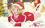 1girl :d ass bed_sheet bedroom blush bow bowtie breasts candy candy_cane capelet character_name christmas christmas_tree dress english food full_body gazing_eye hat highres long_sleeves looking_at_viewer lying merry_christmas on_bed on_stomach open_mouth pillow pokemon pokemon_(anime) pokemon_xy_(anime) serena_(pokemon) short_hair smile socks solo sparkle text window 