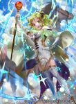  1girl cape company_name dress elbow_gloves fire_emblem fire_emblem:_seima_no_kouseki fire_emblem_cipher gloves green_eyes green_hair hand_on_hip holding holding_staff horse l&#039;arachel mayo_(becky2006) official_art open_mouth sky solo staff thigh-highs white_dress white_gloves white_legwear 
