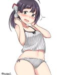  /\/\/\ 1girl absurdres ahoge bangs bare_arms bare_shoulders blush breasts camisole collarbone embarrassed erect_nipples fujinami_(kantai_collection) green_eyes grey_ribbon hair_ribbon hands_up highres kantai_collection kiritto long_hair looking_at_viewer navel open_mouth panties ponytail purple_hair ribbon simple_background sleeveless small_breasts solo striped striped_panties tareme thighs twitter_username underwear underwear_only vertical_stripes white_background 