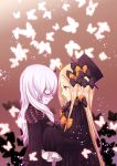  2girls abigail_williams_(fate/grand_order) albino black_bow black_dress black_hat blonde_hair blue_eyes blush bow butterfly commentary_request dress fate/grand_order fate_(series) frown hair_bow hands_in_sleeves hat lavinia_whateley_(fate/grand_order) long_hair looking_at_another looking_down multiple_girls orange_bow red_eyes ribbed_dress sleeves_past_wrists smile tsukiko_(cherrypie727) white_hair 