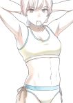  1girl armpits arms_up artist_name blush brown_eyes bunching_hair closed_mouth hair_tie highres konno_tamao monochrome mouth_hold navel sketch solo sports_bra spot_color teiraman tokimeki_memorial tokimeki_memorial_girl&#039;s_side tokimeki_memorial_girl&#039;s_side_3rd_story white_background 