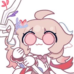  1girl :3 absurdres amedrama arknights asymmetrical_hair brown_hair chibi chibi_only closed_mouth commentary_request commission eyjafjalla_(arknights) eyjafjalla_the_hvit_aska_(arknights) highres holding holding_staff korean_commentary long_hair official_alternate_costume pink_eyes side_ponytail simple_background solo staff white_background 