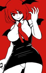  &gt;:) alternate_hair_length alternate_hairstyle arm_up bat_wings black_dress book breasts burikarun commentary_request contrapposto cowboy_shot dress head_wings highres holding holding_book koakuma large_breasts limited_palette looking_at_viewer necktie panties pantyshot red_background red_eyes red_neckwear redhead short_hair short_sleeves simple_background smile touhou underbust underwear white_panties wings 