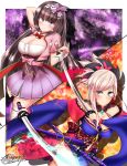  2girls amamiya_kure asymmetrical_hair autumn_leaves black_hair black_legwear blue_eyes blue_kimono blush breasts brown_hair detached_sleeves dual_wielding earrings fate/grand_order fate_(series) fox_shadow_puppet hair_ornament hairband highres holding holding_sword holding_weapon japanese_clothes jewelry katana kimono large_breasts leaf_print long_hair looking_at_viewer magatama miyamoto_musashi_(fate/grand_order) multiple_girls navel_cutout obi osakabe-hime_(fate/grand_order) pink_hair ponytail sash sheath short_kimono sleeveless sleeveless_kimono smile sword thigh-highs twintails unsheathed very_long_hair violet_eyes weapon 