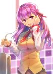  1girl absurdres blush breasts cooking eyebrows_visible_through_hair fate/stay_night fate_(series) hair_ribbon highres hopepe indoors ladle large_breasts long_sleeves looking_at_viewer matou_sakura open_mouth pot purple_hair red_ribbon ribbon school_uniform smile solo violet_eyes 