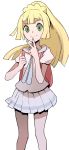  1girl backpack bag blonde_hair floating_hair green_eyes high_ponytail highres lillie_(pokemon) long_hair looking_at_viewer miniskirt pleated_skirt pokemon pokemon_(game) pokemon_ultra_sm school_uniform shadow shirt short_sleeves simple_background skirt smile solo st_(youx1119) standing v white_background white_shirt white_skirt 