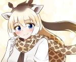  1girl blonde_hair blue_eyes blush breast_pocket brown_hair commentary_request eyebrows_visible_through_hair eyes_visible_through_hair giraffe_ears giraffe_horns giraffe_print kemono_friends looking_at_viewer multicolored_hair necktie pocket pointing pointing_at_self ponytail print_scarf reticulated_giraffe_(kemono_friends) scarf smile solo tachibana_shian upper_body 