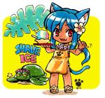  1girl animal animal_ears apron blue_hair bracelet cat_ears cat_tail dessert english fern flip-flops flower food hair_flower hair_ornament hibiscus holding holding_tray jewelry lei original paw_print ponytail red_eyes sandals shaka_sign shaved_ice smile star tail tamami_masa tan tray turtle yellow_background 