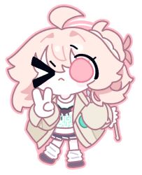  >_o 1girl :< absurdres amedrama blue_archive chibi chibi_only closed_mouth commentary_request drumsticks full_body halo highres holding holding_drumsticks korean_commentary long_sleeves looking_at_viewer loose_socks miniskirt natsu_(band)_(blue_archive) natsu_(blue_archive) one_eye_closed outline pink_hair pink_outline pleated_skirt simple_background skirt socks solo transparent_background 