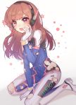  1girl 3: :o anger_vein arm_support bangs between_thighs blue_bodysuit bodysuit brown_eyes brown_hair chinese_commentary commentary_request crying d.va_(overwatch) egg_(rxlal) eyebrows_visible_through_hair facial_mark gloves hand_on_own_cheek hand_up headset light_blush long_hair looking_at_viewer multicolored multicolored_eyes on_ground orange_eyes overwatch ribbed_bodysuit simple_background sitting solo swept_bangs tears torn_bodysuit torn_clothes trembling wariza wavy_eyes white_background white_gloves 