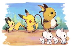  :d ^_^ aquabluu artist_name black_eyes blue_sky border bright_pupils brown_eyes closed_eyes closed_mouth commentary day dirt english_commentary evolutionary_line grass holding_another's_tail maushold maushold_(family_of_four) no_humans open_mouth outdoors pichu pikachu pokemon pokemon_(creature) profile raichu signature sky smile solid_circle_eyes tail walking white_border white_pupils 