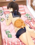  1girl ^_^ alarm_clock animal animal_on_back bare_legs barefoot bed bed_sheet black_skirt blanket blush book brown_hair cellphone clock closed_eyes closed_mouth from_behind hazuki_natsu indoors legs_up long_hair long_sleeves manga_(object) miniskirt on_bed open_book original phone photo_(object) picture_frame pillow pleated_skirt school_uniform serafuku skirt smartphone smile soles solo striped striped_pillow twintails twitter_username 