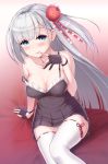  1girl azur_lane bangs bare_shoulders black_gloves blue_eyes blush breasts cleavage closed_mouth collarbone gloves hair_ornament long_hair looking_at_viewer medium_breasts nullken panties pantyshot pantyshot_(sitting) partly_fingerless_gloves ribbon-trimmed_legwear ribbon_trim shoukaku_(azur_lane) silver_hair sitting solo strap_slip thigh-highs tongue tongue_out underwear white_legwear white_panties 