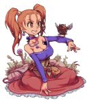  1girl bare_shoulders bird breasts brown_eyes brown_hair cleavage corset dragon_quest dragon_quest_viii dress earrings highres jessica_albert jewelry large_breasts long_hair purple_shirt redhead shirt strapless strapless_dress toyaken21 twintails 