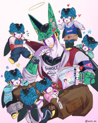  6+boys :d :p absurdres amiz06 artist_name black_nails blue_hoodie blue_pants boots bracelet brown_footwear brown_pants brown_shorts cell_(dragon_ball) cell_junior character_doll child closed_eyes closed_mouth clothes_pull clothes_writing colored_skin colored_tongue commentary cross-laced_footwear dragon_ball dragon_ball_z drawstring english_commentary facing_away fingernails flying_sweatdrops frieza from_behind frown gradient_background grey_pants halo hand_up head_rest heart highres holding holding_magazine hood hood_down hoodie jewelry lace-up_boots long_sleeves magazine_(object) male_focus multiple_boys on_shoulder open_clothes open_hoodie open_mouth pants pectorals perfect_cell pink_background pink_eyes pink_shirt pulling_another&#039;s_clothes purple_skin purple_tongue raglan_sleeves red_hoodie red_ribbon_army red_shirt shirt short_sleeves shorts simple_background sitting sitting_on_lap sitting_on_person sleeping sleeves_rolled_up smile star_(symbol) sticker sweatdrop tag tongue tongue_out twitter_username v-shaped_eyebrows white_background white_shirt white_skin wings yellow_eyes zipper zipper_pull_tab zzz 