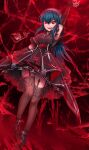  1girl arm_up armpits bianca_(black_survival) black_dress black_footwear black_survival blood blood_bag blue_hair breasts cross dress drinking_straw gothic_lolita highres lolita_fashion long_hair open_mouth red_eyes shimo_(depthbomb) small_breasts solo thigh-highs zettai_ryouiki 