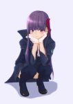  1girl absurdres bangs bb_(fate/extra_ccc) black_footwear black_legwear black_skirt blunt_bangs blush choco_lemon closed_mouth convenient_leg emblem eyebrows_visible_through_hair fate/extra fate/extra_ccc fate_(series) gloves hair_ribbon hands_on_own_cheeks hands_on_own_face highres long_hair long_sleeves looking_at_viewer miniskirt open_clothes purple_background purple_hair red_ribbon ribbon shoes simple_background single_sidelock skirt smile solo squatting thigh-highs very_long_hair violet_eyes white_gloves 
