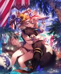  1girl animal animal_ears blue_eyes blue_sky brown_hair clouds day fang hair_between_eyes highres hug lee_hyeseung long_hair navel open_mouth outdoors shingeki_no_bahamut sitting sky soaking_feet solo tail thighlet wolf_ears wolf_tail 
