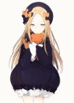  1girl abigail_williams_(fate/grand_order) black_bow blonde_hair bow dress fate/grand_order fate_(series) frilled_dress frilled_sleeves frills grey_eyes hair_bow hat long_hair looking_at_viewer lpip orange_bow purple_dress simple_background solo stuffed_animal stuffed_toy teddy_bear top_hat white_background 