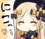  1girl ^_^ abigail_williams_(fate/grand_order) bangs black_bow black_hat blush_stickers bow closed_eyes closed_mouth engiyoshi eyebrows_visible_through_hair fate/grand_order fate_(series) hair_bow hat heart long_hair orange_bow parted_bangs polka_dot polka_dot_bow smile solo stuffed_animal stuffed_toy teddy_bear translation_request 