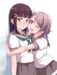  2girls :o ;d against_wall bangs black_hair blunt_bangs blush eyebrows_visible_through_hair face-to-face green_eyes green_neckwear grey_hair hair_ornament hairpin kanabun kurosawa_dia long_hair love_live! love_live!_sunshine!! mole mole_under_mouth multiple_girls neckerchief one_eye_closed open_mouth pleated_skirt school_uniform serafuku short_hair short_sleeves skirt smile upper_teeth wall_slam watanabe_you yuri 