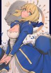  1girl ahoge artoria_pendragon_(all) bangs blue_dress blue_eyes blue_ribbon breasts bright_pupils cleavage cleavage_cutout closed_mouth cowboy_shot crown dress eyebrows_visible_through_hair fate/stay_night fate_(series) from_side gradient gradient_background hair_between_eyes hair_ribbon juliet_sleeves lanzi_(415460661) lion long_sleeves looking_at_viewer looking_to_the_side medium_breasts petals pillarboxed puffy_sleeves ribbon saber short_hair_with_long_locks sidelocks signature smile standing v_arms 