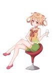  1girl absurdres animal_ears bangs bare_arms bare_shoulders bell blush bow brown_hair chair choker cup drinking_glass eyebrows_visible_through_hair full_body green_shorts hair_bow hanami_dango_(zzldango) high_heels highres holding holding_drinking_glass jingle_bell legs_crossed looking_at_viewer original pink_footwear puffy_shorts red_bow red_choker red_eyes ribbon shorts simple_background sitting sleeveless smile solo vest white_background 