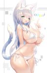  1girl :d animal_ears arm_behind_back bangs bare_arms bare_shoulders bikini blue_nails blush breasts cat_ears cat_girl cat_tail cleavage commentary cowboy_shot curvy erect_nipples eyebrows_visible_through_hair eyelashes fang fingernails green_eyes groin hair_between_eyes hand_up highres huge_breasts index_finger_raised legs_together long_hair looking_at_viewer lowleg lowleg_bikini mamuru nail_polish navel open_mouth original pointing pointing_up shiny shiny_skin side-tie_bikini sidelocks silver_hair skindentation slit_pupils smile solo standing stomach strap_gap string_bikini swimsuit tail thighs under_boob white_bikini wide_hips 