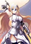  1girl absurdly_long_hair arm_up armor armored_dress banner black_gloves black_legwear blonde_hair blue_eyes cowboy_shot dress elbow_gloves eyebrows_visible_through_hair fate/apocrypha fate_(series) floating_hair fur_trim gauntlets gloves holding holding_weapon jeanne_d&#039;arc_(fate) jeanne_d&#039;arc_(fate)_(all) long_hair nina_(pastime) sheath sheathed sleeveless sleeveless_dress smile solo standing sword thigh-highs very_long_hair weapon white_dress 