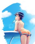  1boy arched_back ass back blue_eyes blue_hair clouds cloudy_sky food food_in_mouth highres male_focus matsuno_karamatsu osomatsu-kun osomatsu-san popsicle shirtless sky solo visor_cap 