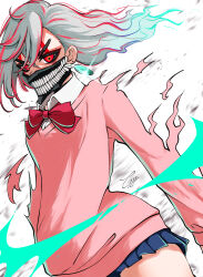  absurdres ayase_momo black_eyeshadow blue_skirt bow dandadan earrings eyeshadow facial_mark fire highres jewelry looking_at_viewer makeup multicolored_hair neigaimu pink_fire pink_sweater pleated_skirt psychic red_bow red_eyes school_uniform shirt skirt streaked_hair sweater transformation two-tone_hair white_background white_hair white_shirt 