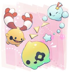  aquabluu artist_name black_eyes border character_request chingling closed_mouth commentary english_commentary looking_at_another no_humans notice_lines one_eye_closed open_mouth pink_background pokemon pokemon_(creature) signature simple_background smile solid_circle_eyes star_(symbol) the_legend_of_zelda the_legend_of_zelda:_echoes_of_wisdom tri_(zelda) white_border 