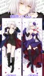  1girl absurdly_long_hair ahoge alternate_hair_length alternate_hairstyle bed_sheet black_dress black_footwear black_legwear boots breasts cleavage collarbone dakimakura dress eyebrows_visible_through_hair fate/grand_order fate_(series) flower from_above full_body hair_between_eyes hair_flower hair_ornament head_tilt high_heel_boots high_heels highres jeanne_d&#039;arc_(alter)_(fate) jeanne_d&#039;arc_(fate)_(all) jewelry knee_boots large_breasts long_hair looking_at_viewer lying menggongfang midriff multiple_views navel navel_cutout neck_ribbon necklace on_back partially_unzipped petals purple_dress purple_flower red_footwear red_ribbon ribbon short_hair silver_hair skirt_hold sleeveless sleeveless_dress smile stomach strapless strapless_dress sword thigh-highs very_long_hair weapon yellow_eyes 