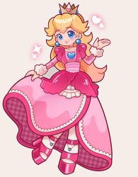 1girl blonde_hair blue_eyes commentary crown dress earrings english_commentary full_body heart high_heels highres jewelry long_hair looking_at_viewer marikyuunn outline pink_dress pink_footwear princess princess_peach simple_background solo sparkle standing super_mario_bros. white_outline 