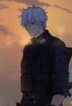  1boy blood bloody_clothes gintama gun hair_between_eyes holding holding_gun holding_weapon loli_bushi looking_at_viewer military military_uniform parted_lips red_eyes rifle sakata_gintoki silver_hair solo standing torn_clothes uniform upper_body weapon 