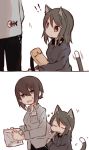  !! 2koma :3 anger_vein angry animal_ears animal_print bag bangs blue_shirt brown_eyes brown_hair cat_ears cat_tail closed_eyes closed_mouth comic dress_shirt eyebrows_visible_through_hair fish_print fud girls_und_panzer grey_shirt highres holding holding_instrument instrument kantele kemonomimi_mode kuromorimine_school_uniform long_hair long_sleeves looking_at_another looking_back mika_(girls_und_panzer) mouth_hold nishizumi_maho open_mouth school_uniform shirt short_hair sparkle squatting standing tail tail_wagging white_background 