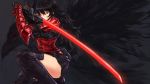  1girl armor black_hair boots fighting_stance gauntlets highres katana long_hair mature miniskirt ootachi raven_branwen red_eyes rwby skirt sword thigh-highs thigh_boots weapon 