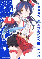  1girl ;o animal_ears bangs birthday black_bow blown_kiss blue_neckwear bokura_wa_ima_no_naka_de bow cowboy_shot dated earrings fingerless_gloves floating_hair frills gloves hair_between_eyes heart jewelry kitahara_tomoe_(kitahara_koubou) looking_at_viewer love_live! love_live!_school_idol_project navel necktie one_eye_closed open_mouth plaid plaid_skirt puffy_short_sleeves puffy_sleeves rabbit_ears red_gloves red_skirt shirt short_sleeves skirt solo sonoda_umi suspender_skirt suspenders white_shirt 