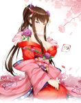  112san 1girl alternate_costume bangs bare_shoulders breasts brown_hair cleavage flower granblue_fantasy hair_flower hair_ornament japanese_clothes kimono large_breasts long_hair looking_at_viewer obi off_shoulder ponytail purple_rose red_kimono rose rosetta_(granblue_fantasy) sash seiza sidelocks sitting smile solo thorns very_long_hair violet_eyes 