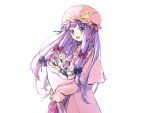  1girl :d bangs blue_ribbon blush bouquet crescent crescent_moon_pin dress eyebrows_visible_through_hair fingernails flower hair_ribbon hat highres holding holding_bouquet long_hair long_sleeves looking_at_viewer mob_cap open_mouth patchouli_knowledge pink_dress pink_hat purple_hair red_ribbon ribbon simple_background smile solo standing touhou tress_ribbon upper_body vanilla_(miotanntann) violet_eyes white_background 