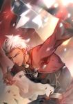  1boy archer black_pants bow_(weapon) dark_skin fate/stay_night fate_(series) highres holding holding_bow_(weapon) holding_weapon looking_at_viewer pants parted_lips signature silver_hair solo weapon zelovel 