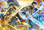  2boys armor boots cape commentary_request company_name copyright_name falchion_(fire_emblem) fingerless_gloves fire_emblem fire_emblem:_kakusei fire_emblem:_mystery_of_the_emblem fire_emblem_cipher gauntlets gloves glowing glowing_weapon holding holding_sword holding_weapon jewelry kita_senri knee_boots krom looking_at_viewer looking_back marth monster multiple_boys official_art pants pauldrons short_sleeves shoulder_armor smile sword tiara weapon 