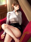  1girl artist_request bare_legs black_eyes blush breasts brown_hair commentary_request derivative_work highres light_smile long_sleeves looking_at_viewer medium_breasts parted_lips short_hair solo turtleneck 