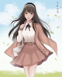  1girl absurdres blush breasts brown_skirt collared_shirt diesel_(nikke) diesel_(strawberry_flower)_(nikke) floating_hair goddess_of_victory:_nikke hairband high-waist_skirt highres large_breasts long_hair long_sleeves looking_at_viewer official_alternate_costume open_mouth ribbon shirt skirt smile solo user_cjfe5558 white_hairband white_shirt 