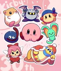  1girl :d ^_^ anniversary aquabluu armor armored_boots bandana bandana_waddle_dee black_eyes blue_bandana blue_eyes blush_stickers boots bow brown_eyes brown_footwear closed_eyes closed_mouth coat commentary dress elfilin english_commentary fairy fairy_wings fur-trimmed_coat fur-trimmed_sleeves fur_trim gloves gooey_(kirby) hair_bow hat highres king_dedede kirby kirby_(series) long_sleeves long_tongue looking_at_viewer lying mask meta_knight notched_ear on_side open_clothes open_coat open_mouth outline pauldrons pink_background pink_hair pom_pom_(clothes) purple_footwear red_bow red_coat red_dress red_hat ribbon_(kirby) rick_(kirby) shoes short_hair shoulder_armor simple_background smile spiked_wings tongue tongue_out wall-eyed white_gloves white_outline wings yellow_eyes 