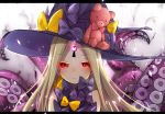  1girl abigail_williams_(fate/grand_order) bangs bare_shoulders blush bow closed_mouth commentary_request eyebrows_visible_through_hair fate/grand_order fate_(series) glowing hat keyhole long_hair looking_at_viewer parted_bangs polka_dot polka_dot_bow purple_bow purple_hat red_eyes ruto_(rutodesu) solo stuffed_animal stuffed_toy suction_cups teddy_bear tentacle witch_hat yellow_bow 