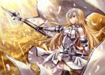  1girl armor armored_dress bangs banner bare_shoulders black_gloves black_legwear blonde_hair blue_eyes breasts chains closed_mouth clouds cloudy_sky commentary_request dress elbow_gloves eyebrows_visible_through_hair fate/grand_order fate_(series) faulds floating_hair fur-trimmed_gloves fur-trimmed_legwear fur_trim gabiran gauntlets gloves glowing glowing_feather hair_between_eyes halterneck headpiece holding holding_spear holding_weapon jeanne_d&#039;arc_(fate) jeanne_d&#039;arc_(fate)_(all) light_rays long_hair looking_away medium_breasts plackart polearm scabbard sheath sheathed shiny shiny_hair sky smile solo spear standard_bearer standing sunlight tassel thigh-highs very_long_hair weapon white_dress white_feathers wind wind_lift 